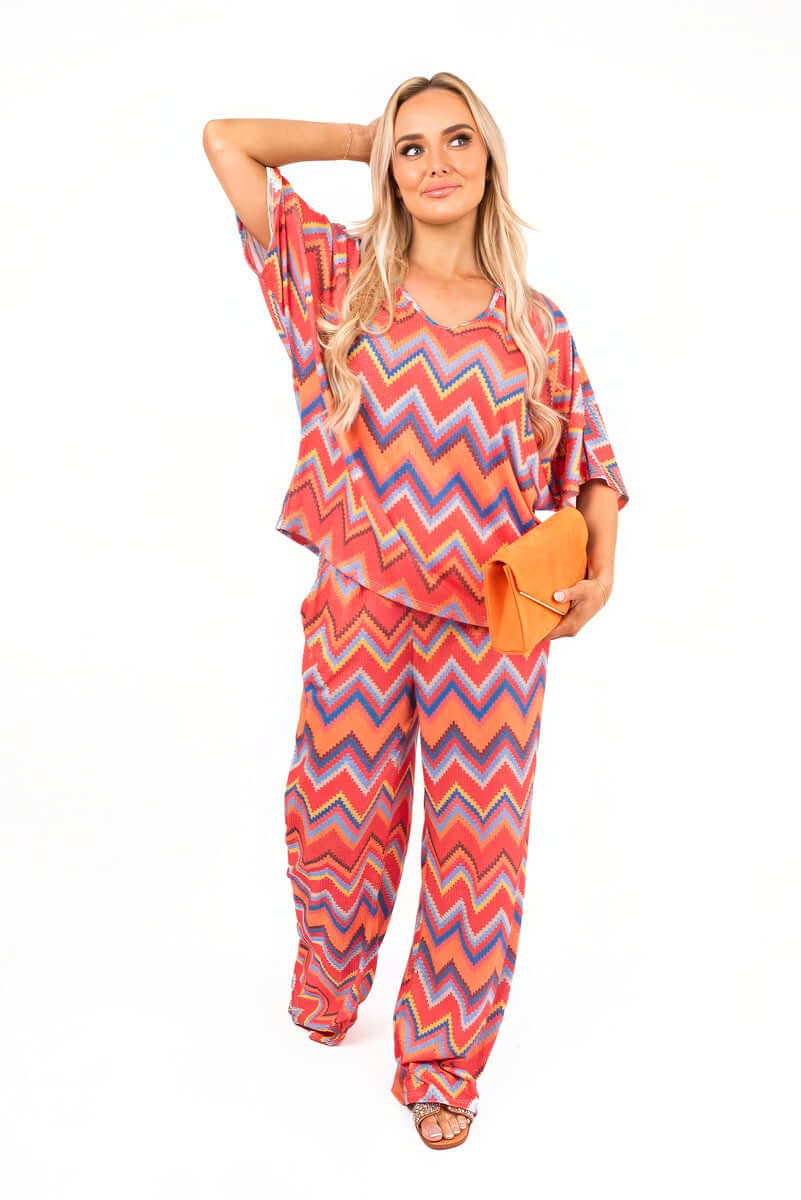 Zigzag Print Top and Wide Leg Trousers Co-ord Set by Moda