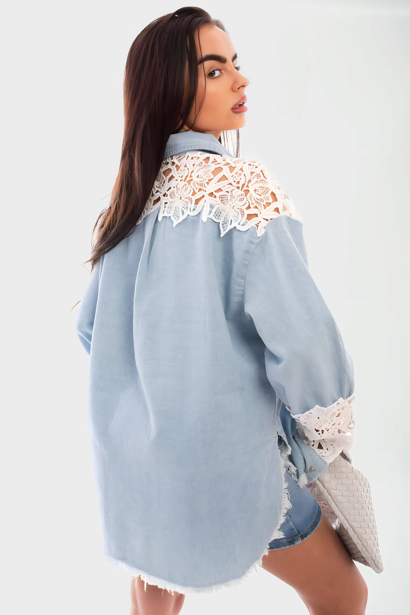 Oversized Lace Detail Button Up Long Sleeve Top