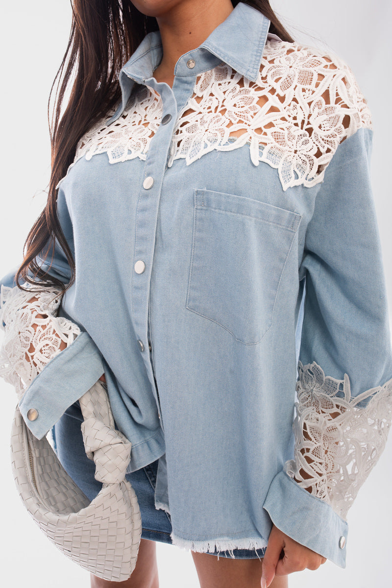 Oversized Lace Detail Button Up Long Sleeve Top