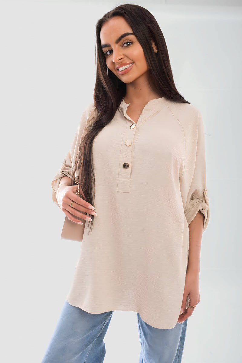 Loose Fit Button Detail Front Folded Long Sleeve Top