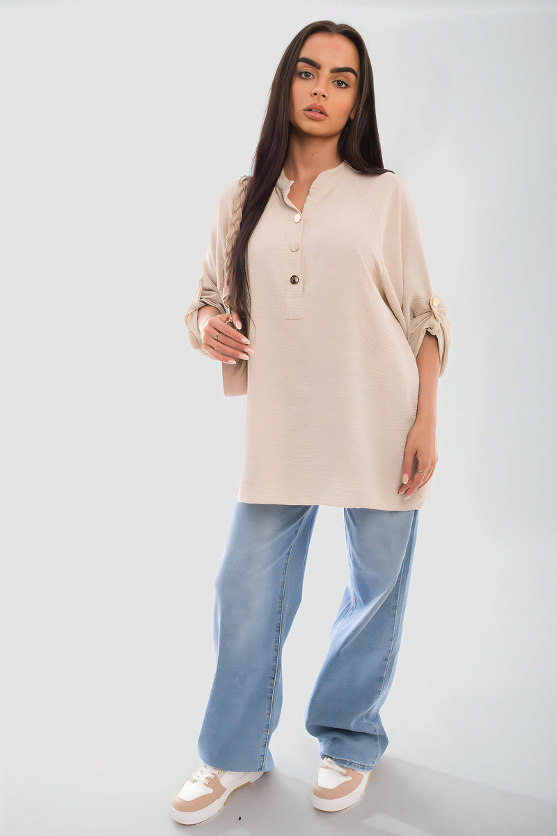 Loose Fit Button Detail Front Folded Long Sleeve Top