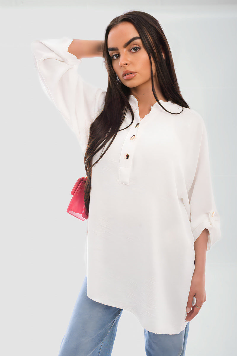 Loose Fit Button Detail Front Folded Long Sleeve Top