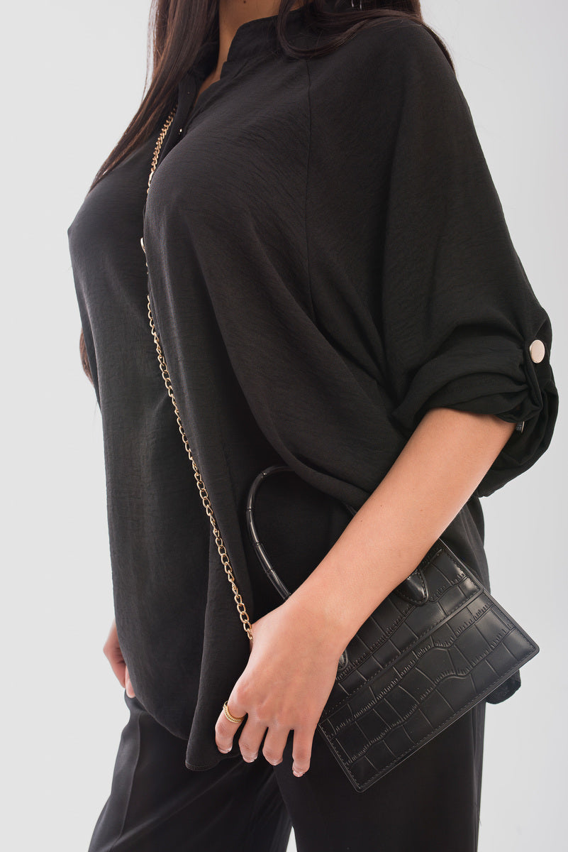 Loose Fit Button Detail Front Folded Long Sleeve Top