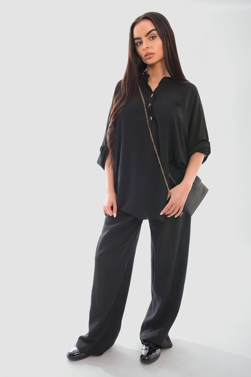 Loose Fit Button Detail Front Folded Long Sleeve Top