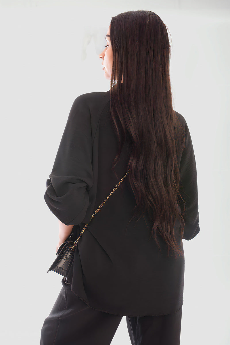 Loose Fit Button Detail Front Folded Long Sleeve Top
