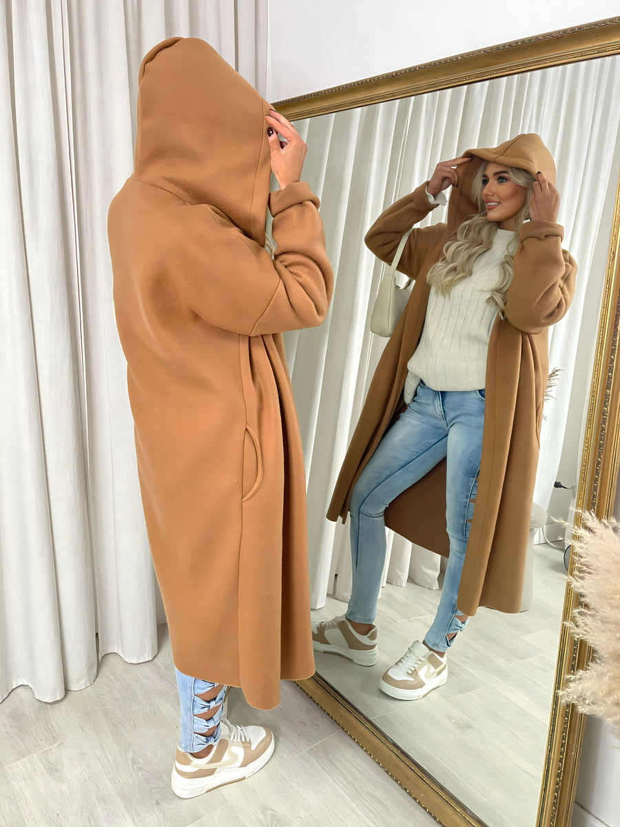Open Front Pocket Long Loose Hooded Coat