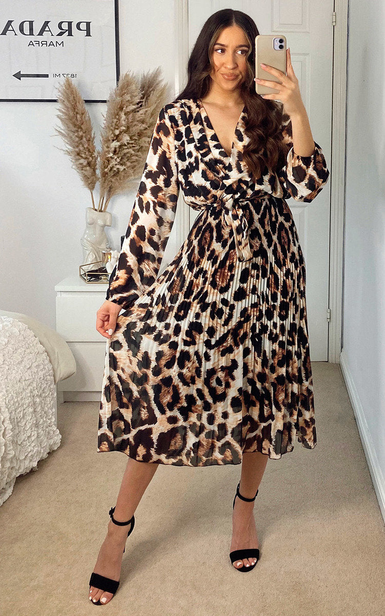 Pleated Leopard Print Maxi Dress