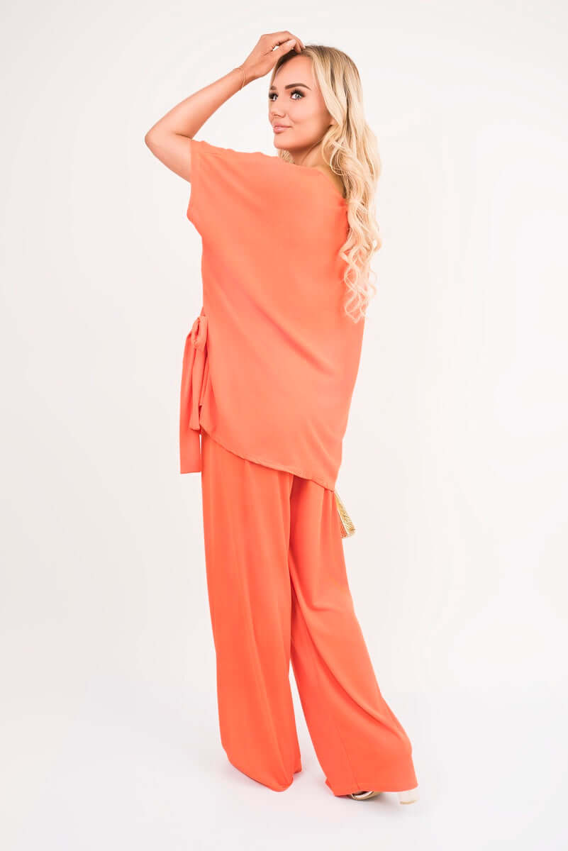 Short Sleeve Side Tie Top and Wide Leg Trousers Co-Ord Set by Moda