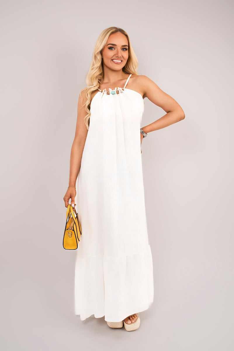 Sleeveless Beaded Halter Neck Maxi Dress with Tiered Hem