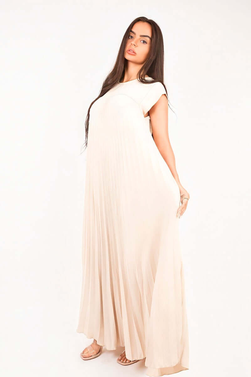 Pleated Cap Sleeve Maxi Dress by Moda