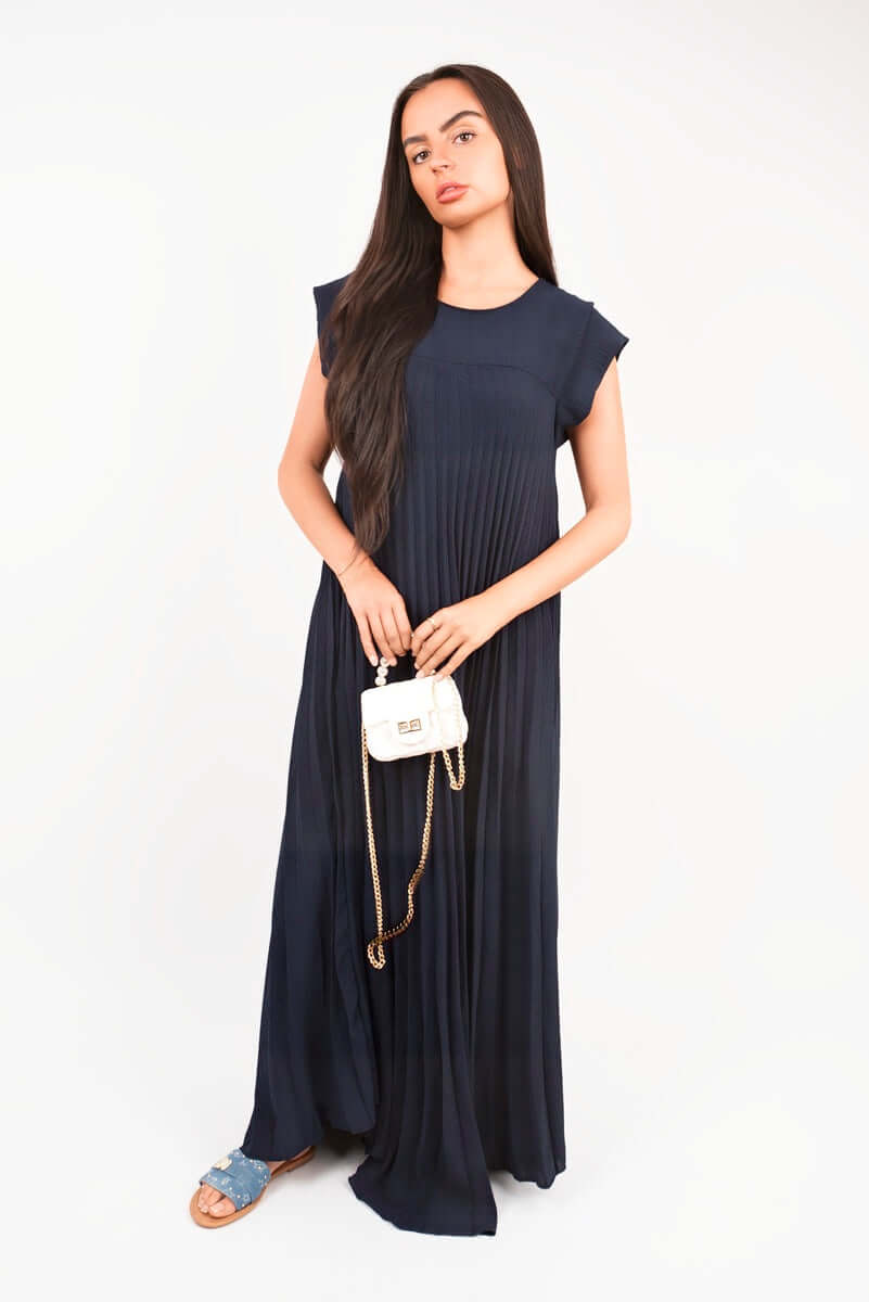 Pleated Cap Sleeve Maxi Dress by Moda