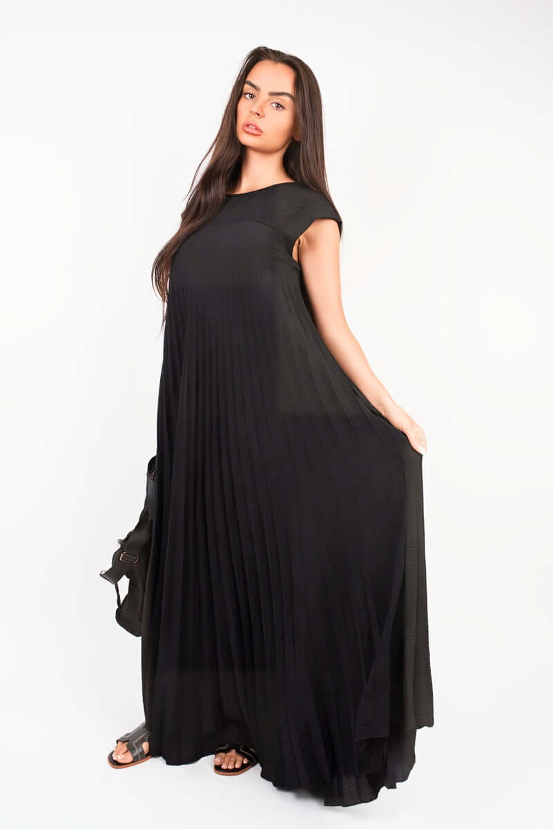 Pleated Cap Sleeve Maxi Dress by Moda