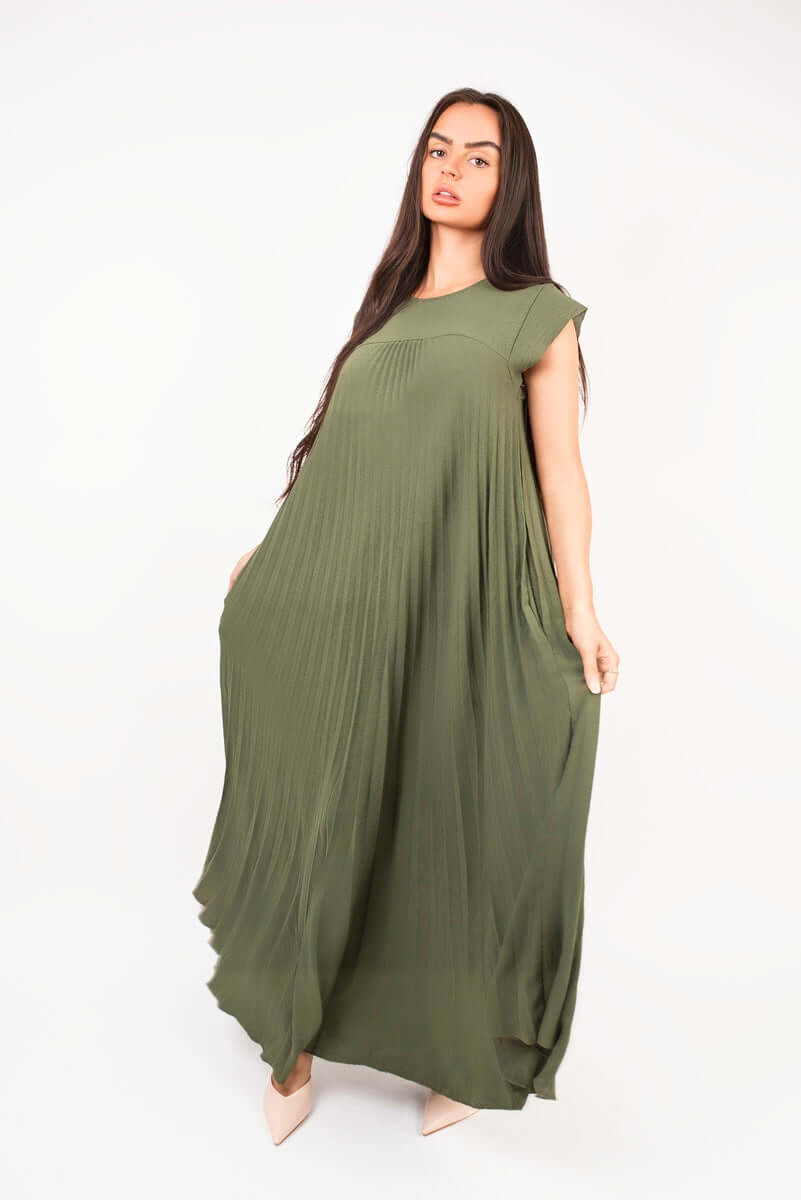 Pleated Cap Sleeve Maxi Dress by Moda