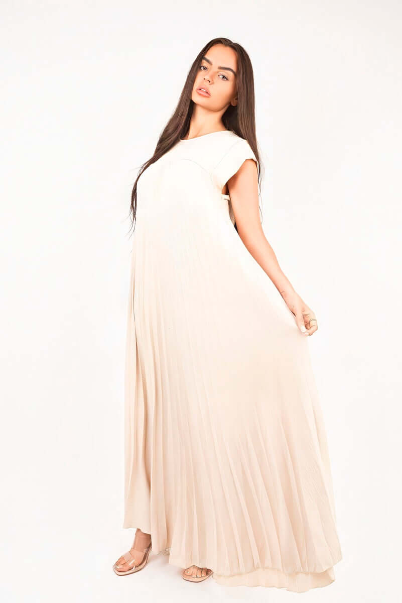 Pleated Cap Sleeve Maxi Dress by Moda