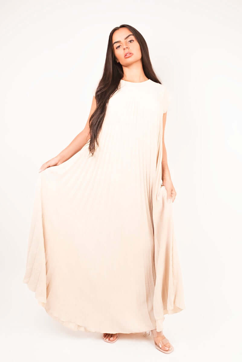 Pleated Cap Sleeve Maxi Dress by Moda