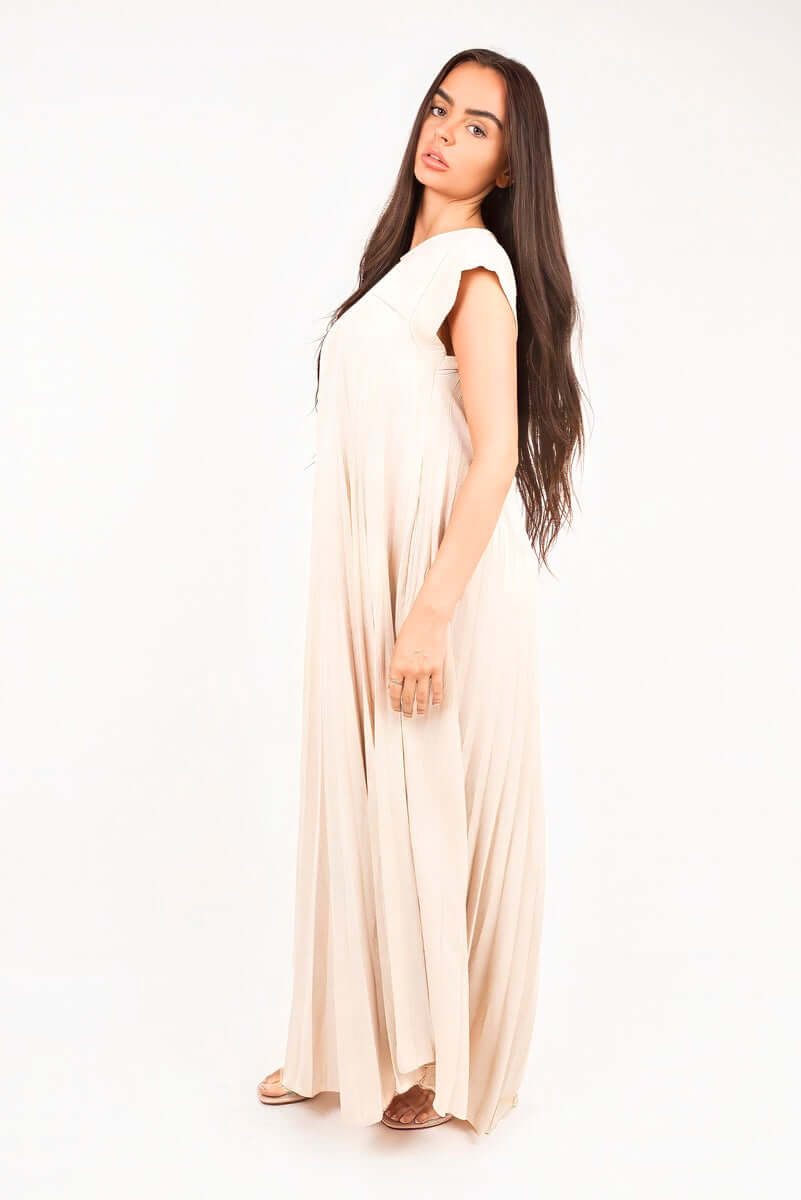 Pleated Cap Sleeve Maxi Dress by Moda