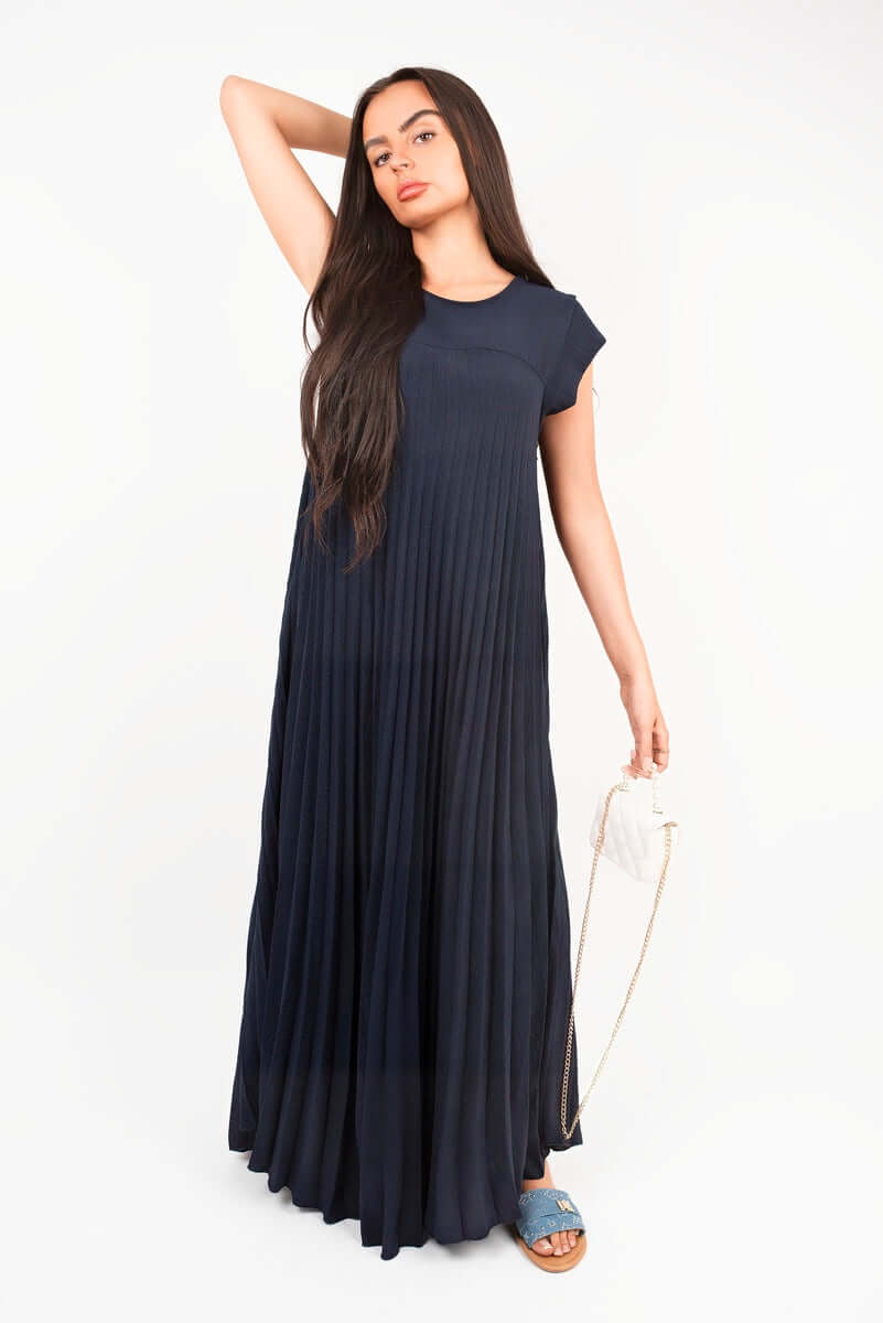 Pleated Cap Sleeve Maxi Dress by Moda