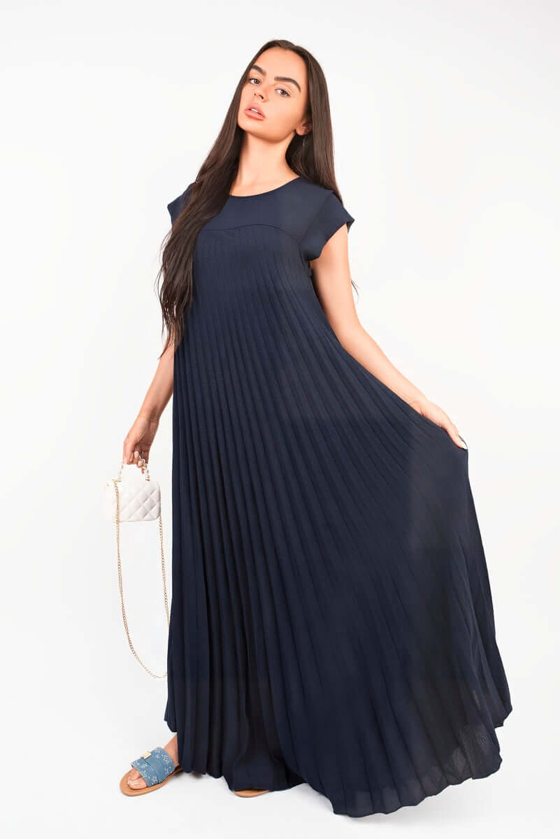 Pleated Cap Sleeve Maxi Dress by Moda