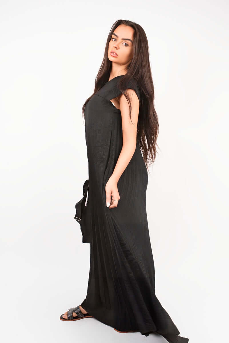 Pleated Cap Sleeve Maxi Dress by Moda
