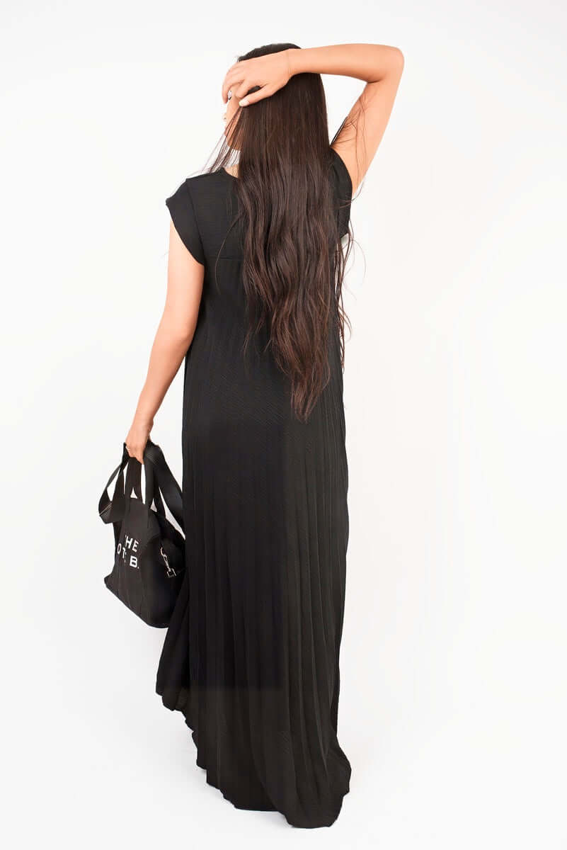 Pleated Cap Sleeve Maxi Dress by Moda