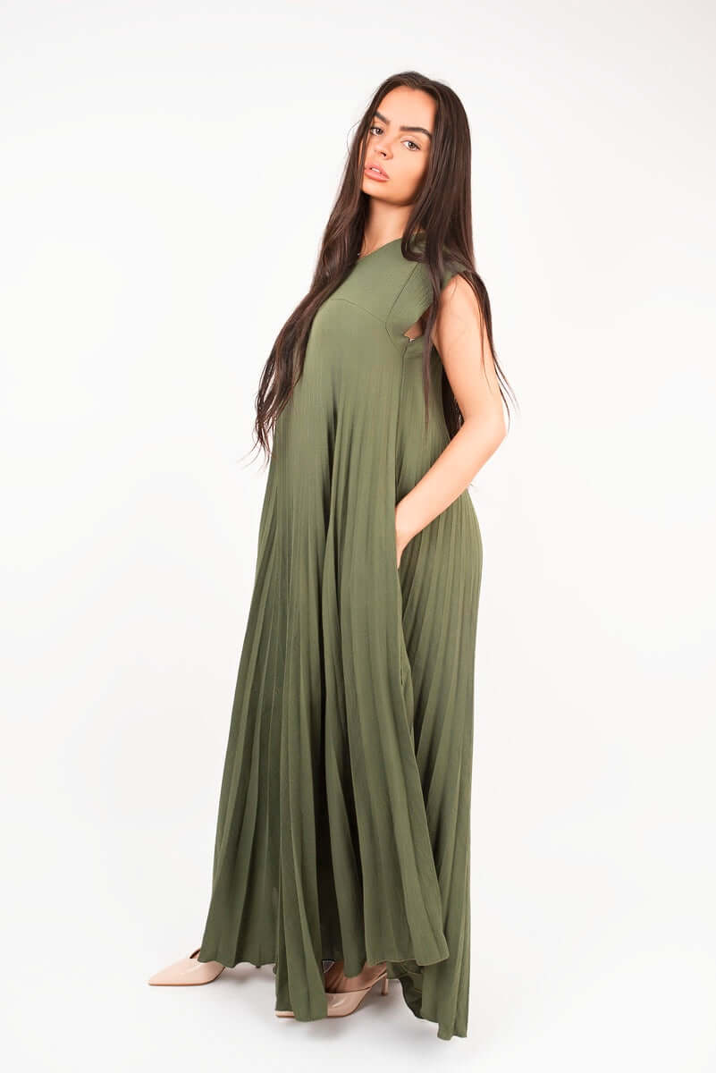 Pleated Cap Sleeve Maxi Dress by Moda
