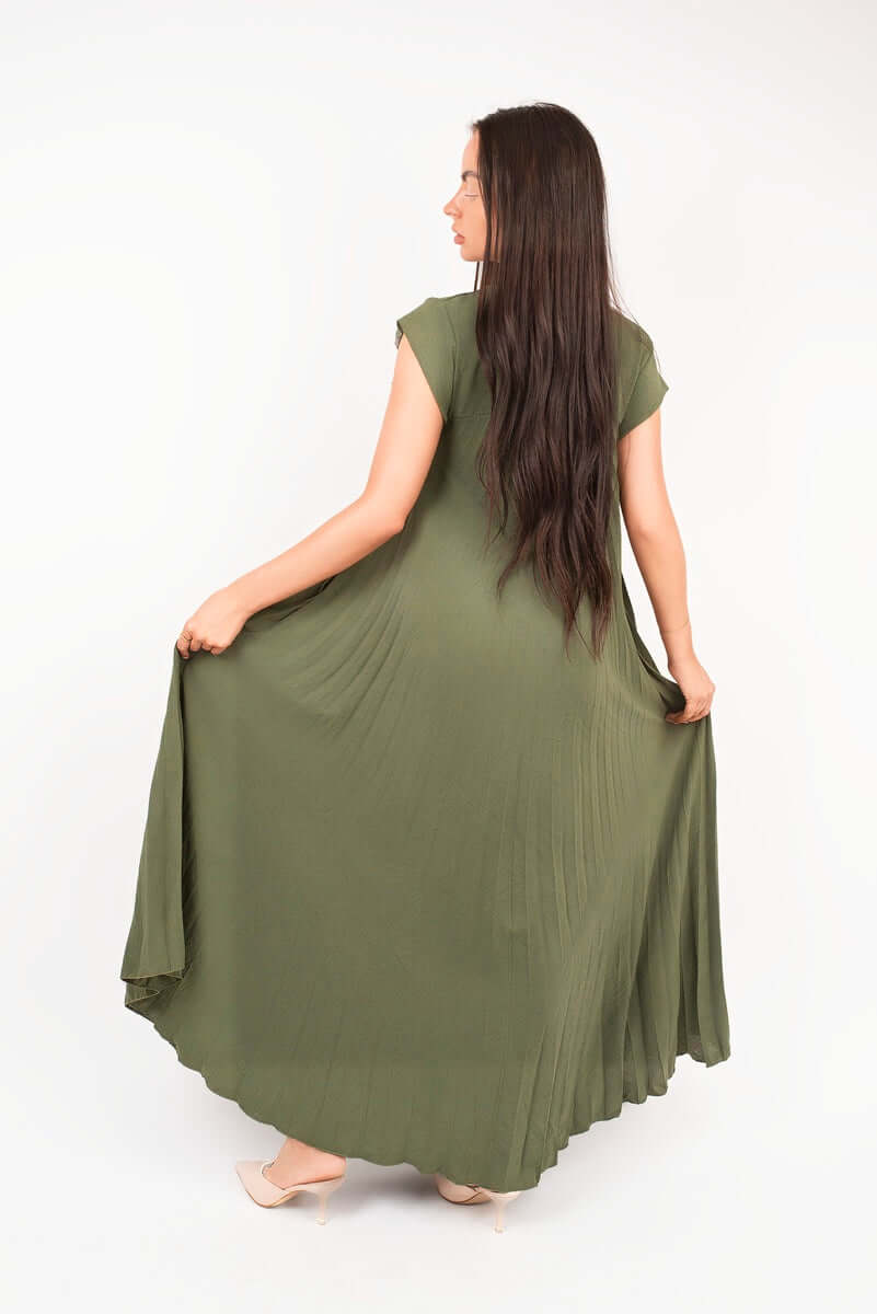 Pleated Cap Sleeve Maxi Dress by Moda