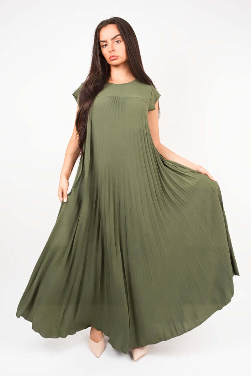 Pleated Cap Sleeve Maxi Dress by Moda