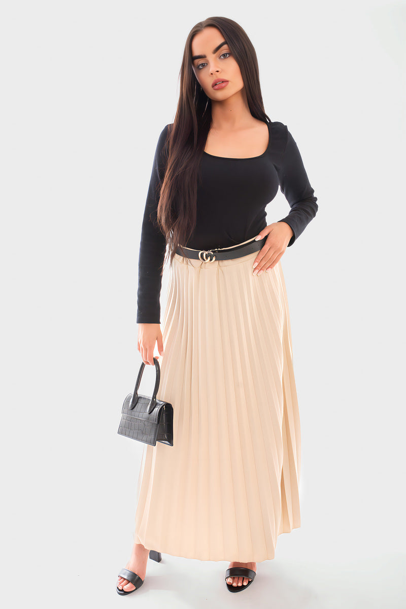 Belted Maxi Length Pleated Skirt