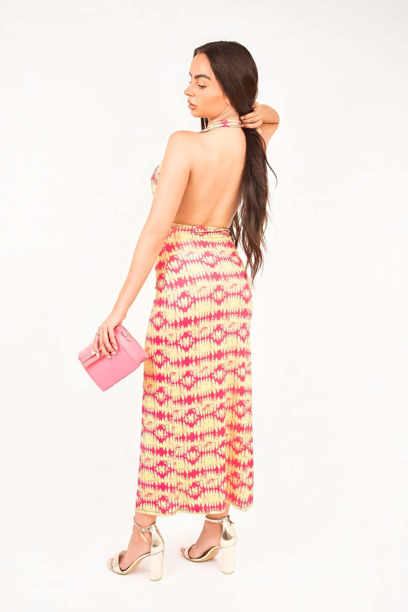 Halter Neck Ruched Abstract Print Midi Dress by Moda