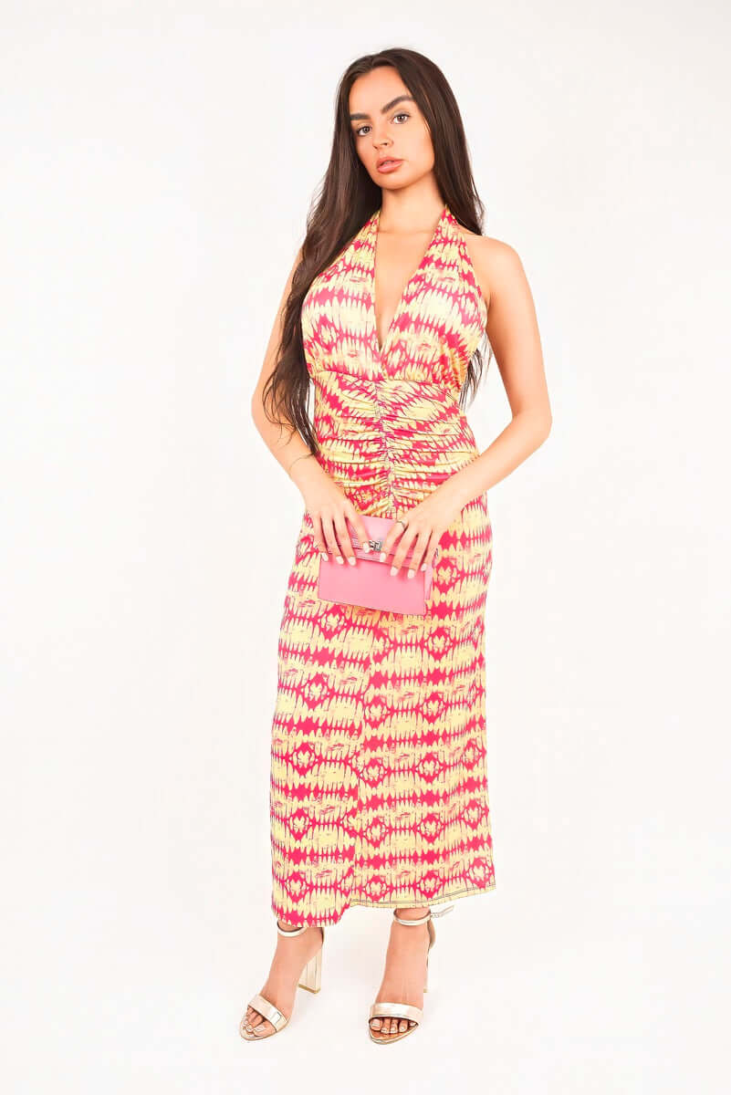 Halter Neck Ruched Abstract Print Midi Dress by Moda