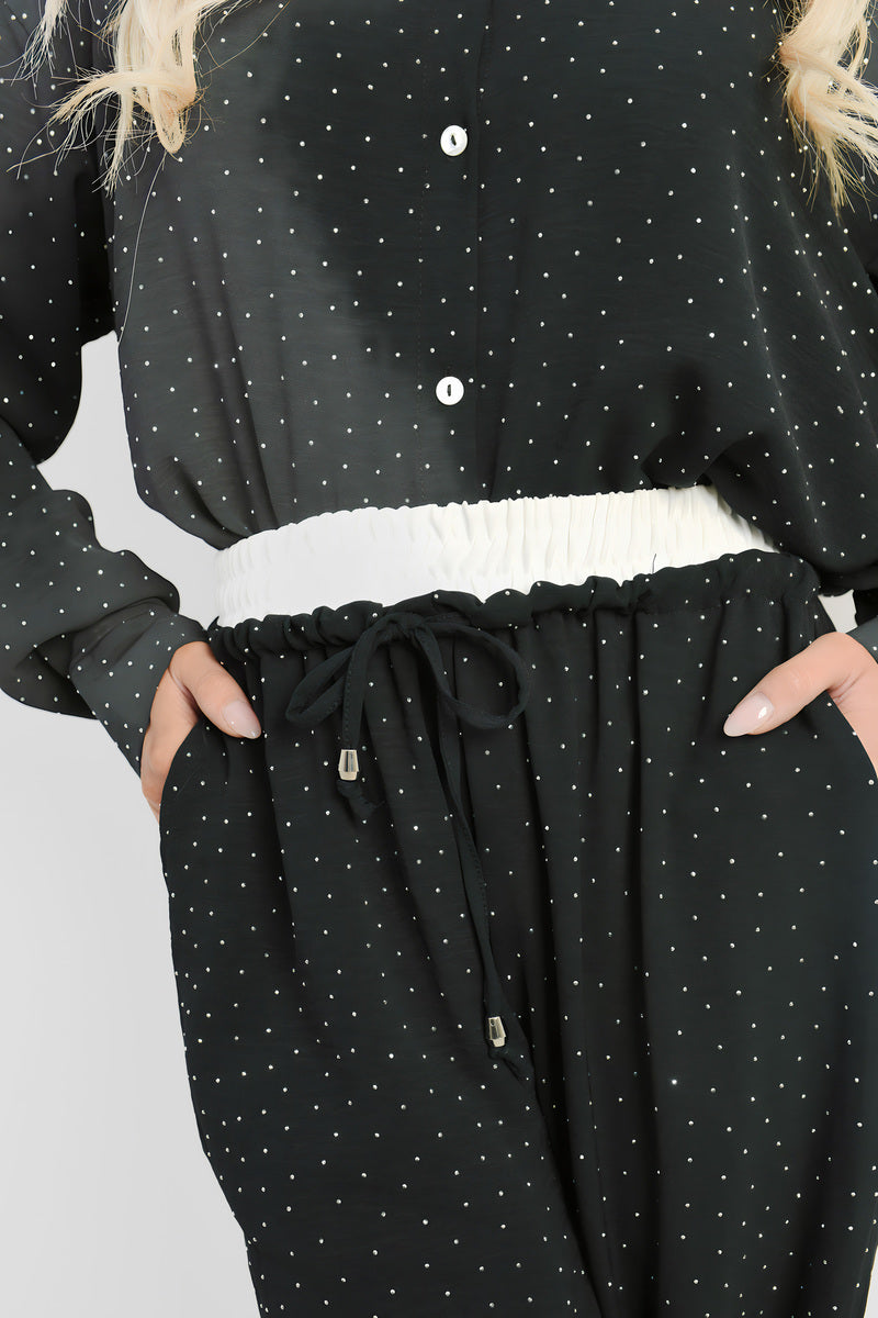 Embellished Drawstring Wide Leg Trouser