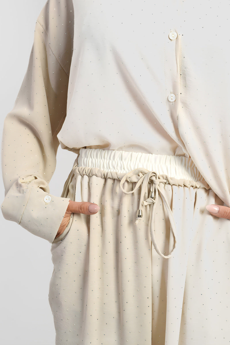 Embellished Drawstring Wide Leg Trouser