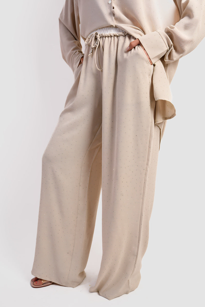 Embellished Drawstring Wide Leg Trouser