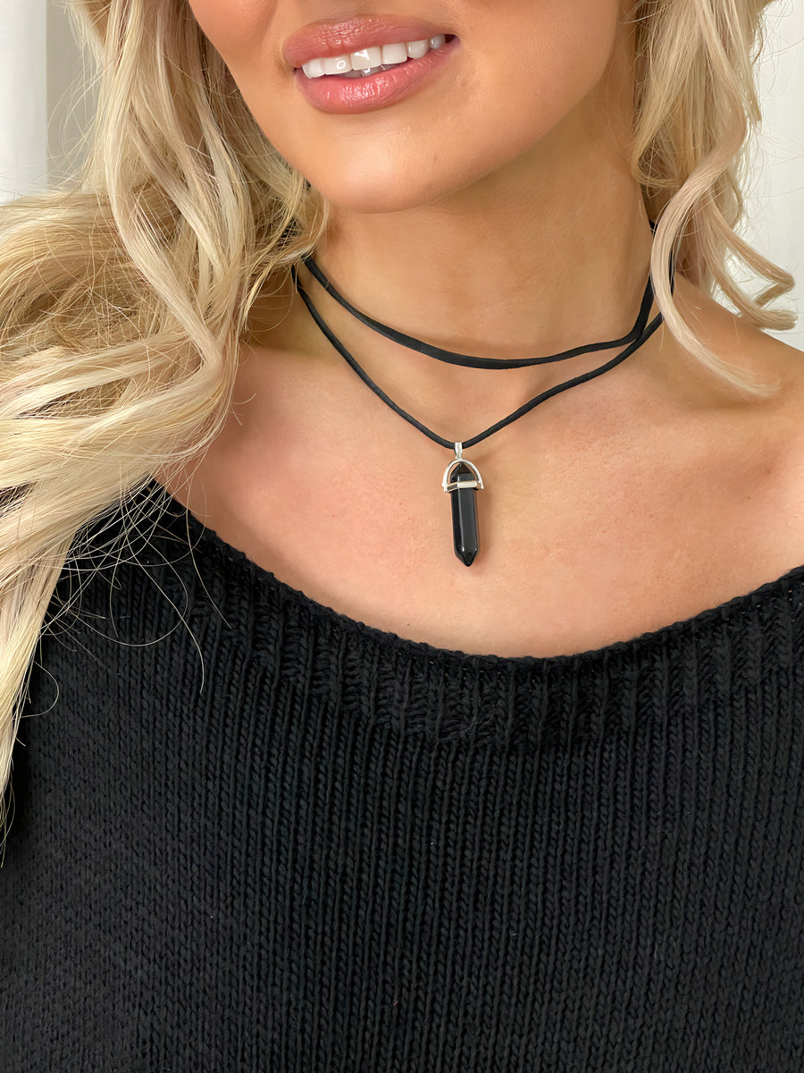Double Strap Drop Pendant Choker Necklace