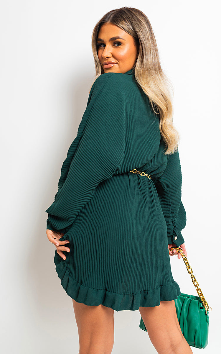 Long Sleeve Pleated Button Up Mini Dress by Moda