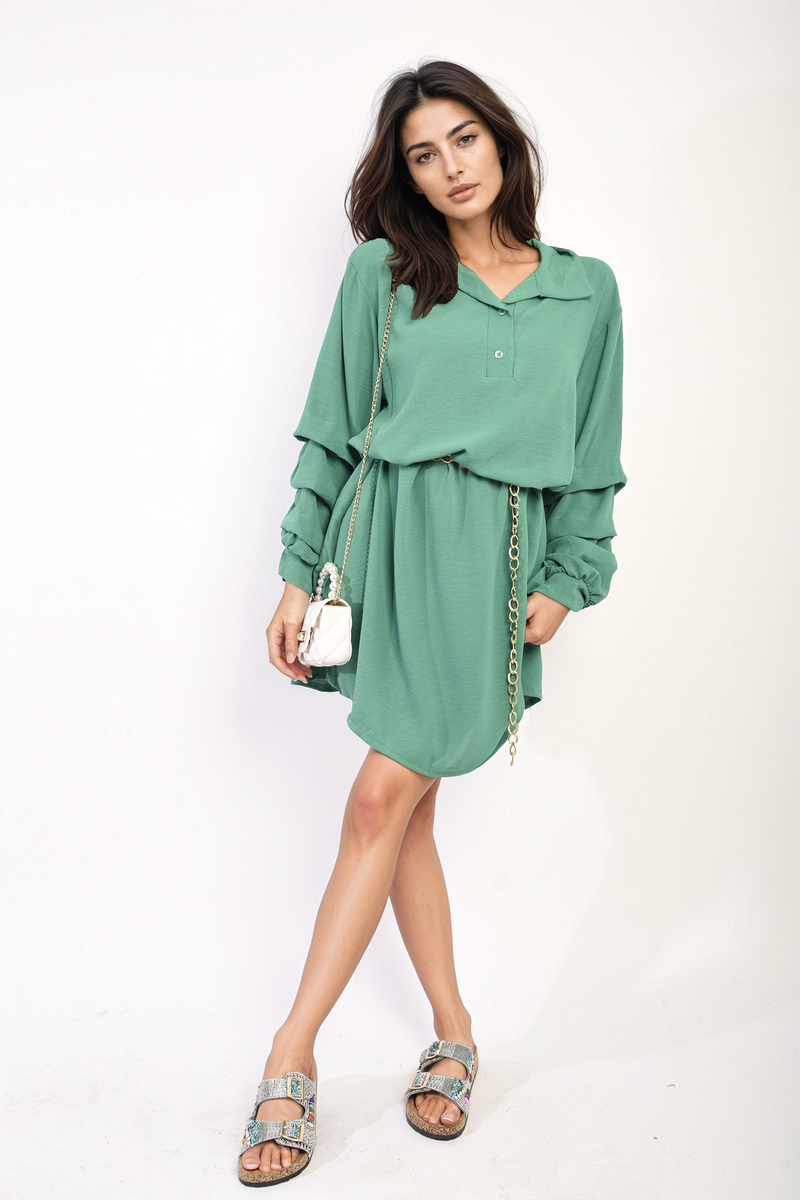 Ruffle Sleeve Pocket Button Front Blouse Dress by Moda