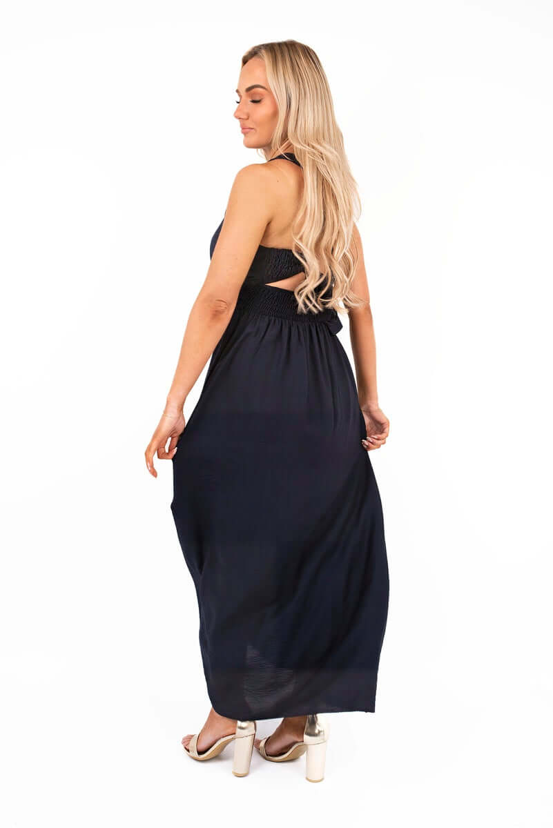 Cross Back Maxi Dress with Ruched Waist by Moda