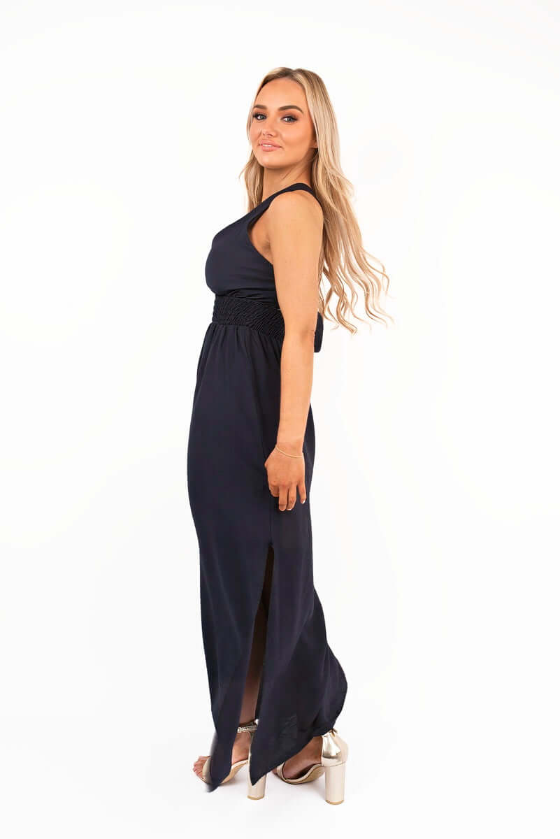 Cross Back Maxi Dress with Ruched Waist by Moda