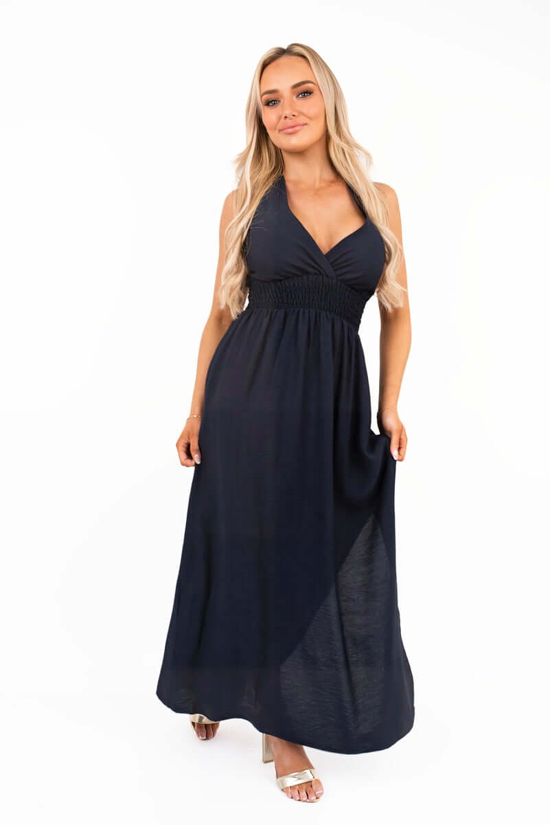 Cross Back Maxi Dress with Ruched Waist by Moda