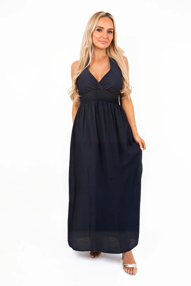 Cross Back Maxi Dress with Ruched Waist by Moda
