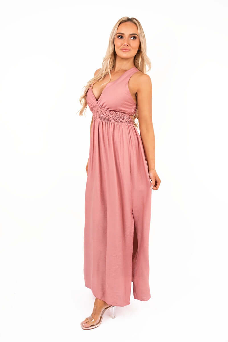 Cross Back Maxi Dress with Ruched Waist by Moda