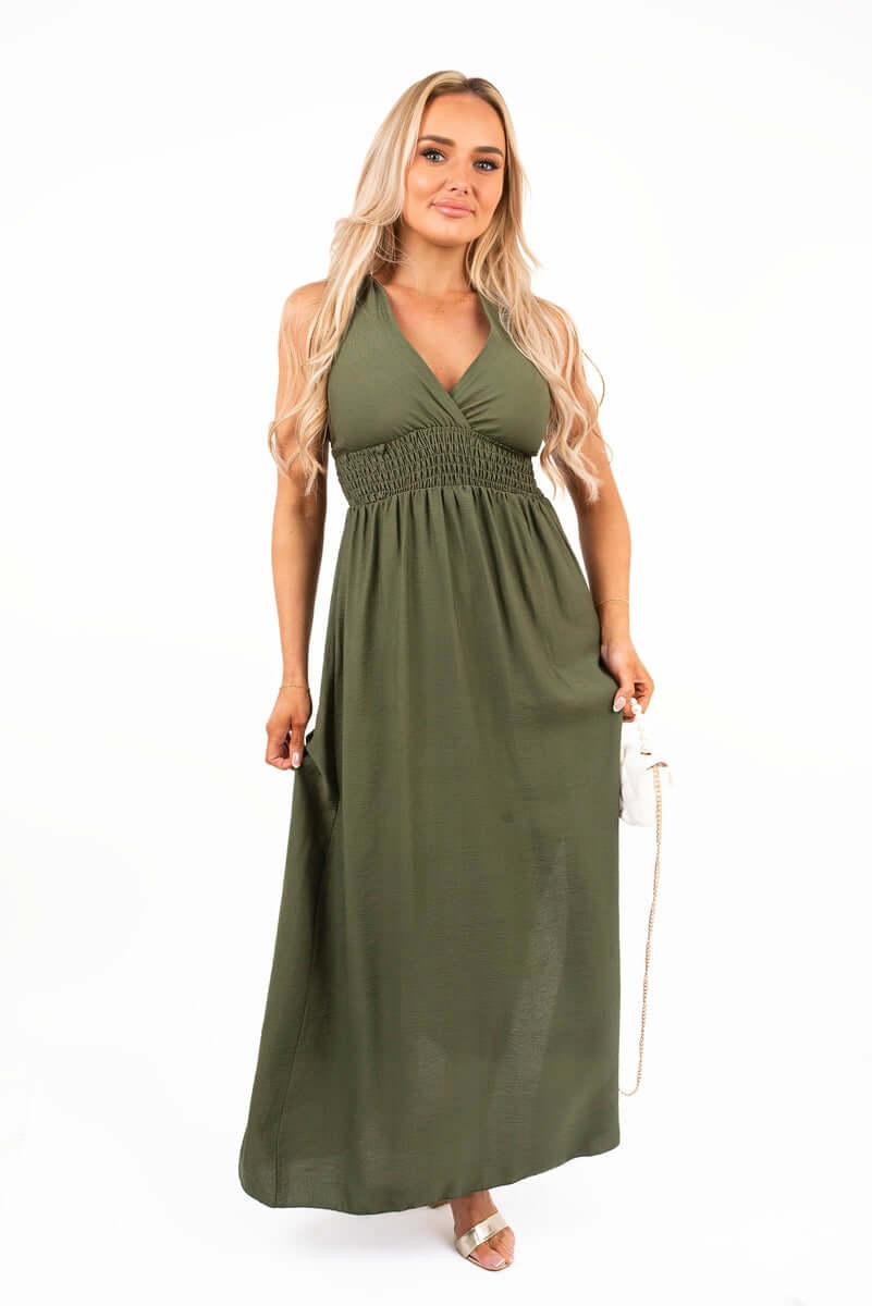 Cross Back Maxi Dress with Ruched Waist by Moda