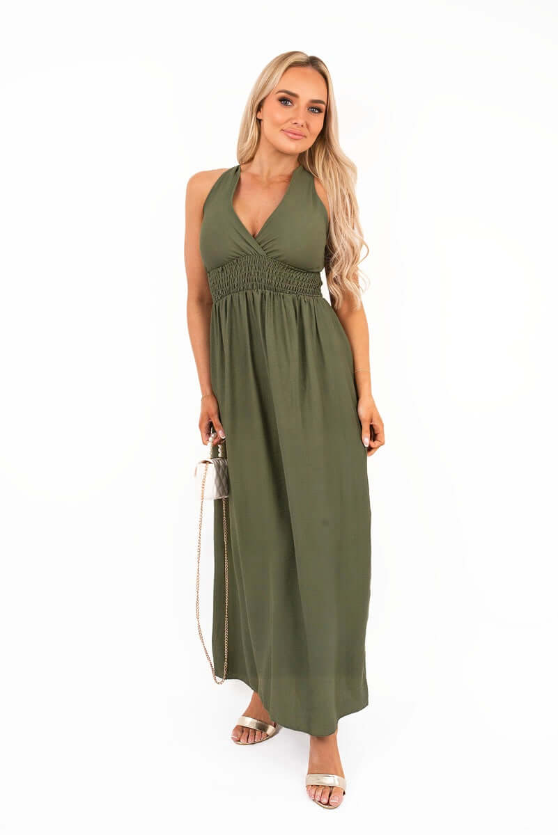 Cross Back Maxi Dress with Ruched Waist by Moda