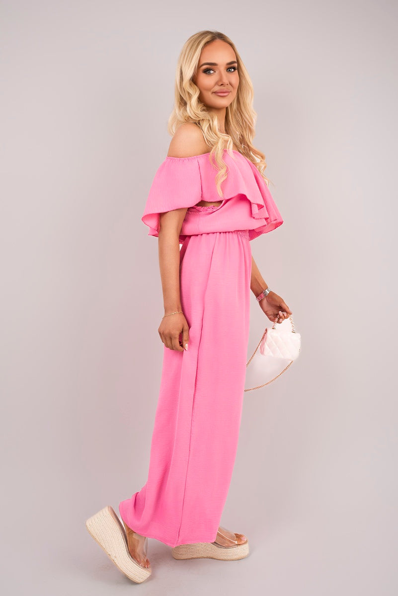Off Shoulder Flared Wide Leg Jumpsuit with Ruffle Detail