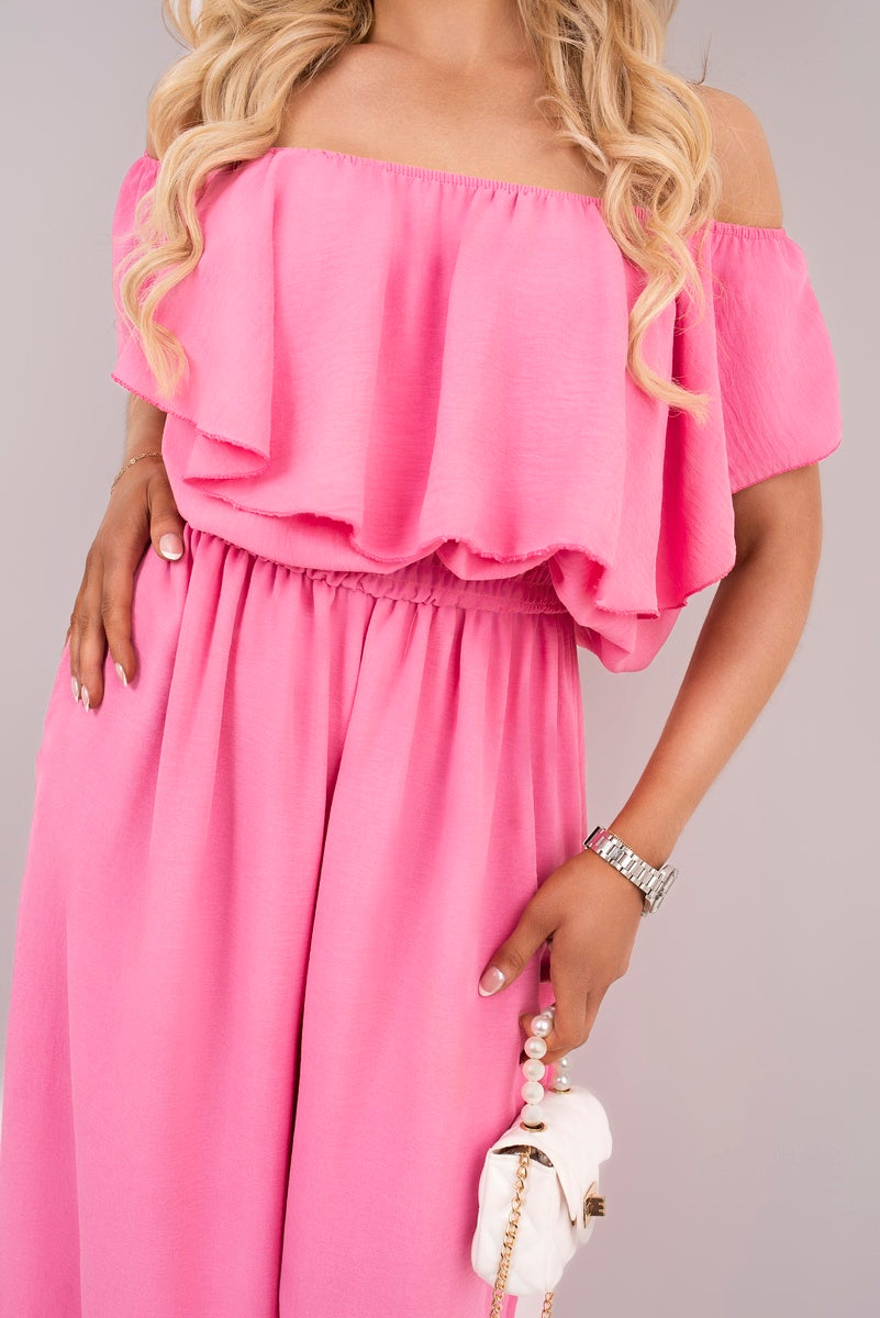 Off Shoulder Flared Wide Leg Jumpsuit with Ruffle Detail