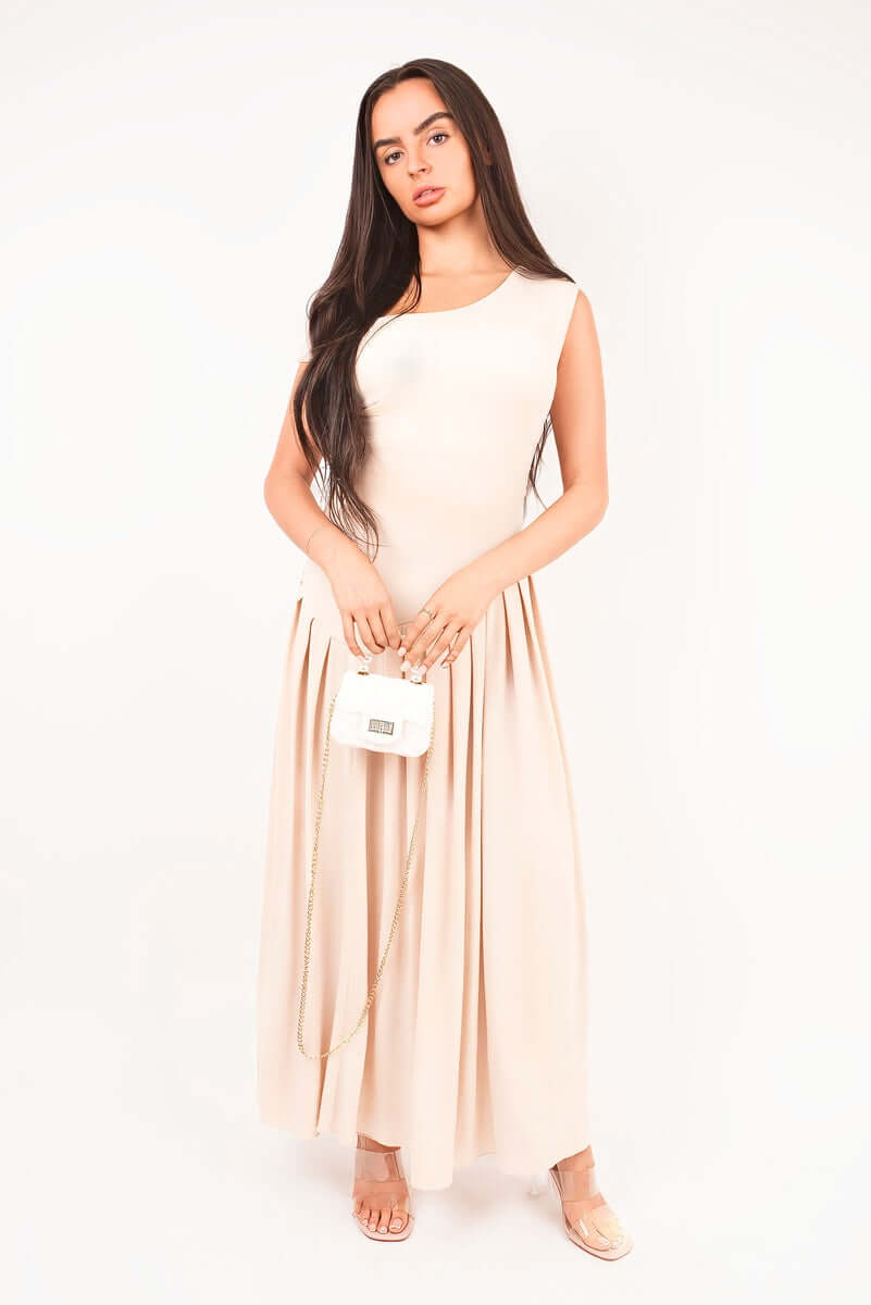 Short Sleeve Pleated Relaxed Maxi Dress by Moda