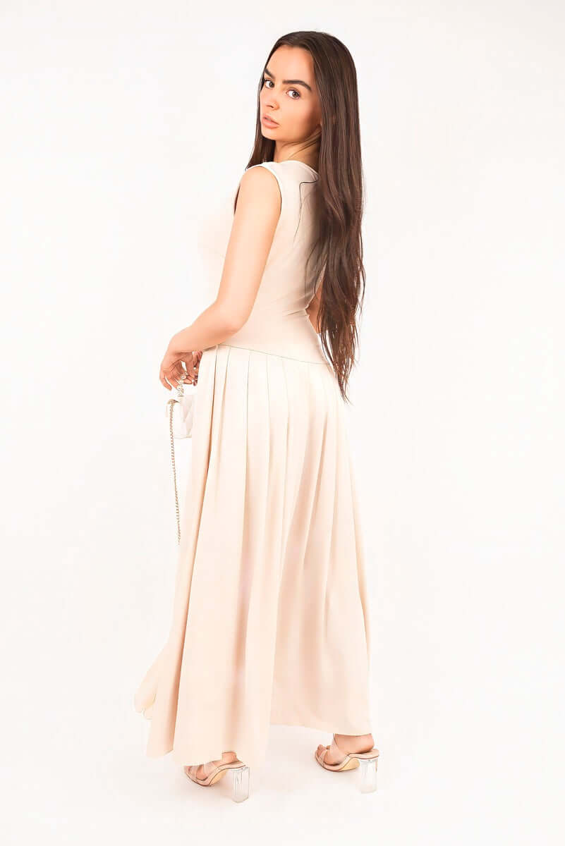 Short Sleeve Pleated Relaxed Maxi Dress by Moda