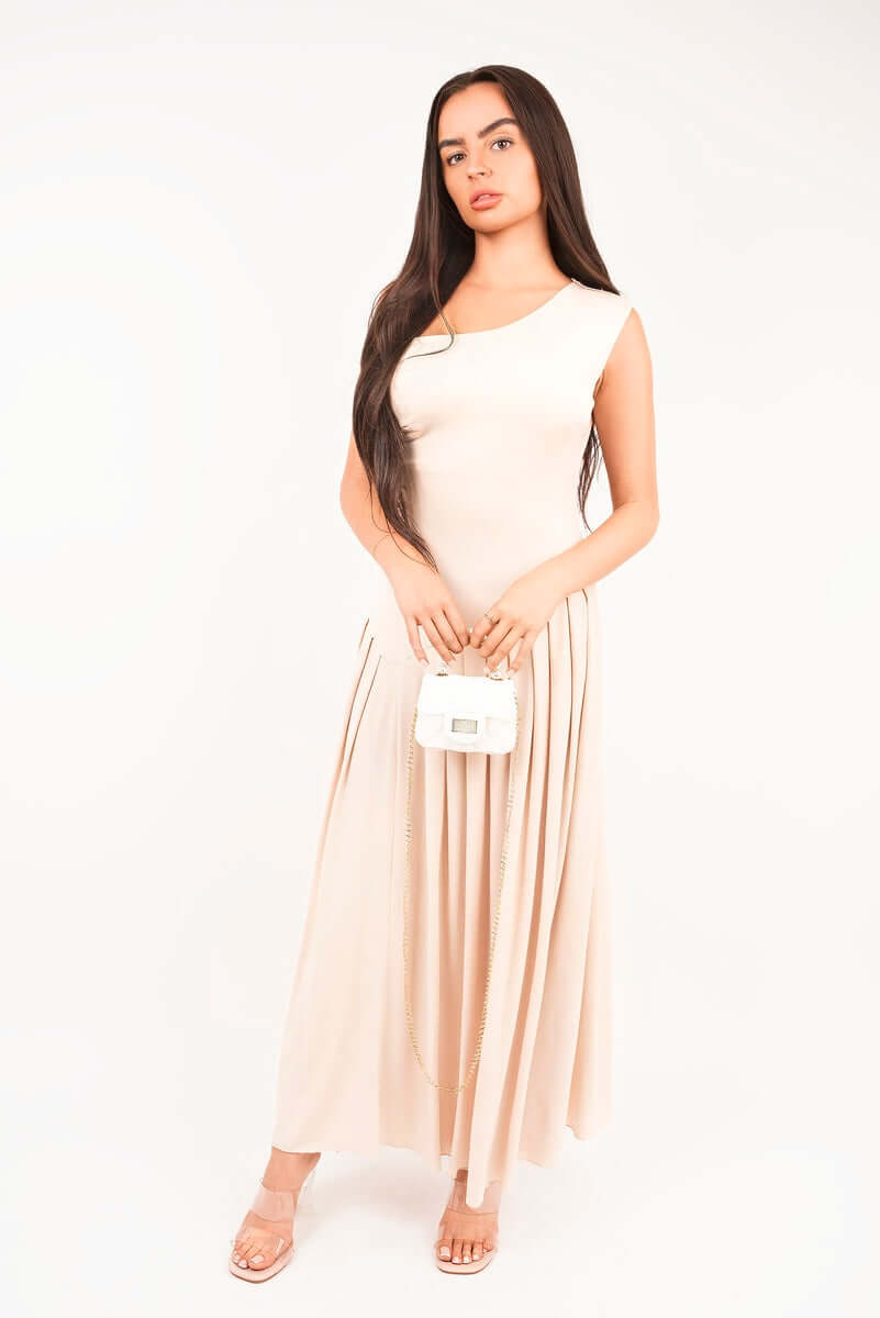 Short Sleeve Pleated Relaxed Maxi Dress by Moda