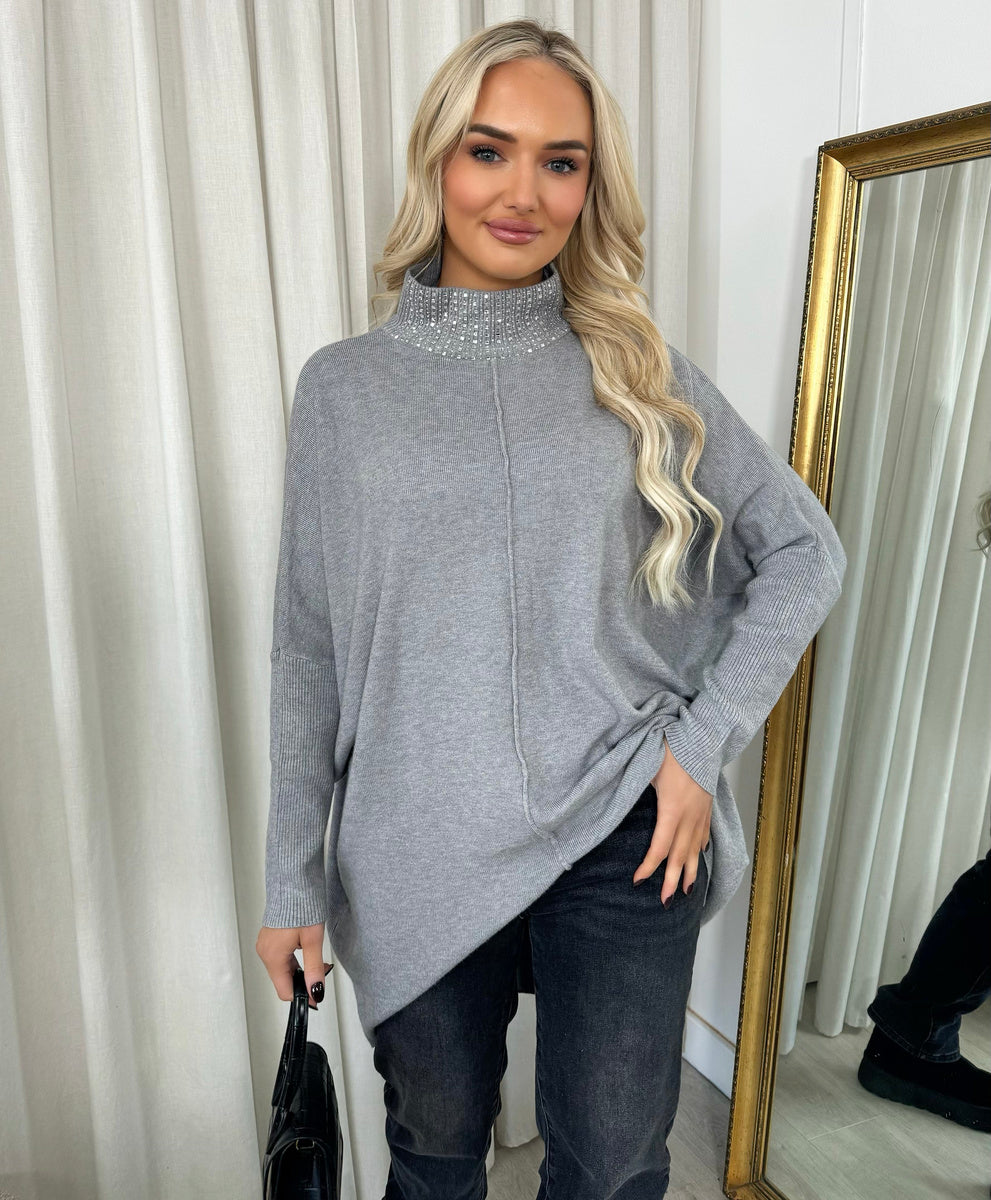 Rhinestone Detail High Neck Knitted Jumper