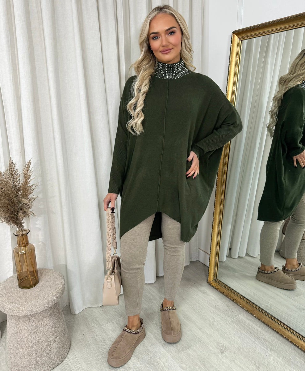 Rhinestone Detail High Neck Knitted Jumper